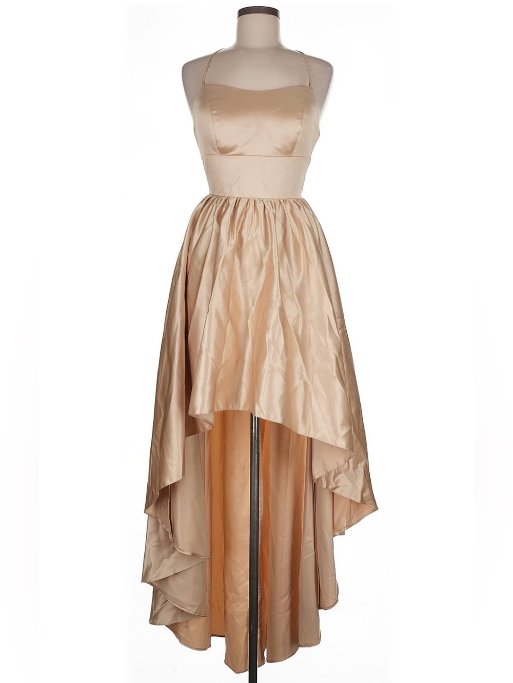 JJ’s House Champagne Satin High-Low Lace-Up Open Back Cocktail Dress | 6 - Picture 2 of 7